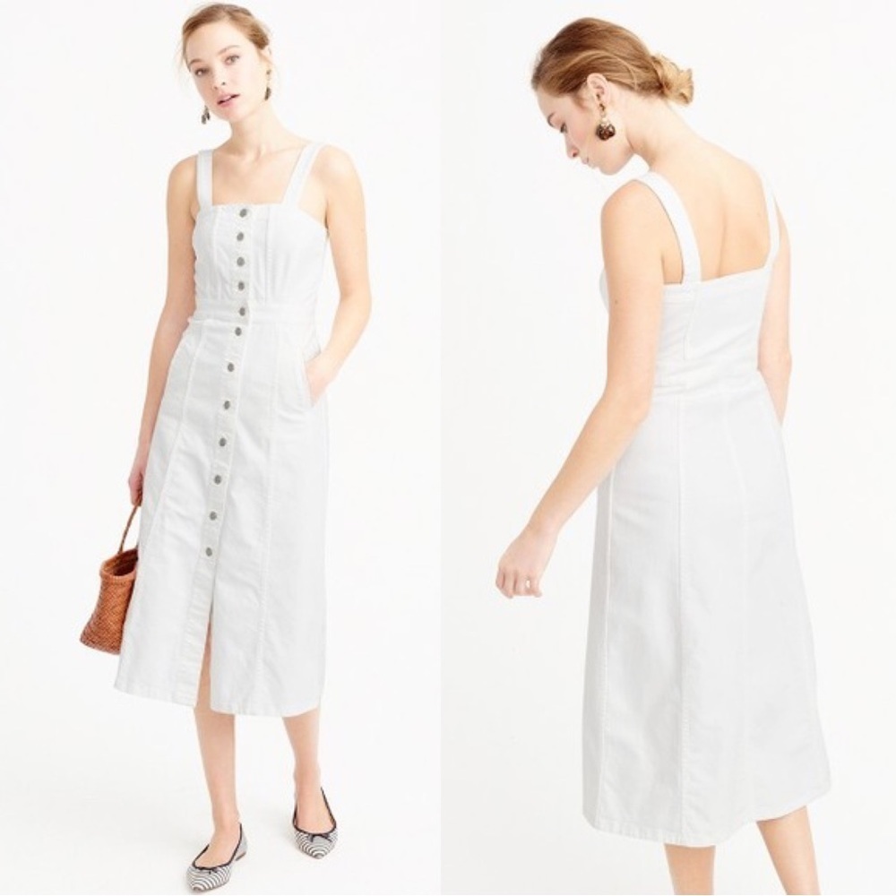 J Crew • White Denim Apron Dress button front midi a-line jumper stretch